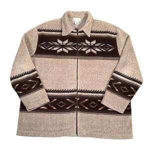 Jones New York Sport Fleece Jacket Southwestern Aztec Full Zip Beige Brown XL